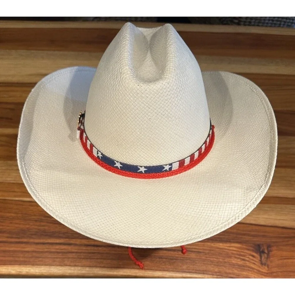 STETSON STRAW COWBOY WESTERN HAT American Flag Band W/ Drawsting 54cm Or 6 3/4